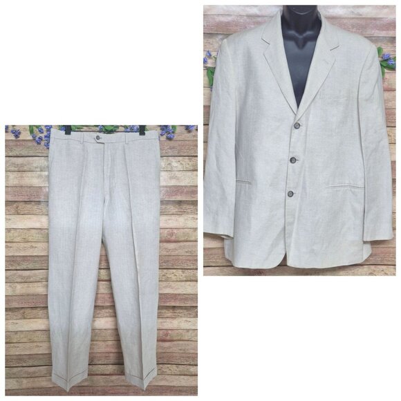 Claiborne Mens Cream Linen Blend Suit Blazer Jacket Straight Leg Pants Size 44R - Picture 1 of 14